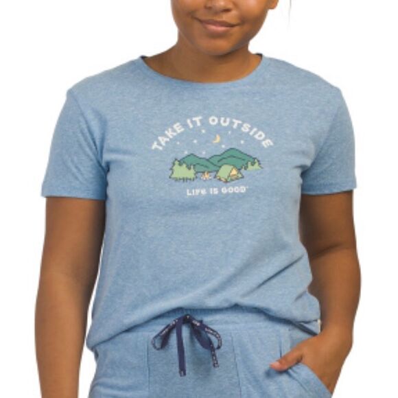 Life is Good TAKE IT OUTSIDE Blue 2 Piece Sleep Shirt & Shorts PJ Set - Picture 3 of 16